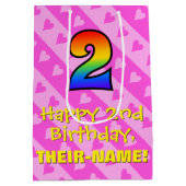 2e verjaardag: Fun Pink Hearts Stripes & Rainbow 2 Medium Cadeauzakje (Achterkant)