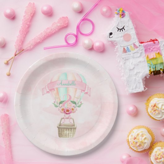 2e Verjaardag Hete Luchtballon Mint Roze Perzik Papieren Bordje (Feest)