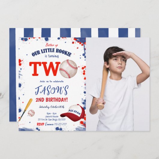 2E verjaardag honkbal foto uitnodiging (Voorkant / Achterkant)