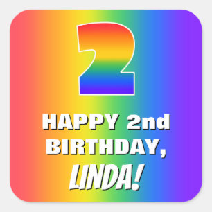 2e verjaardag: kleurrijk, vun regenboogpatroon # 2 vierkante sticker
