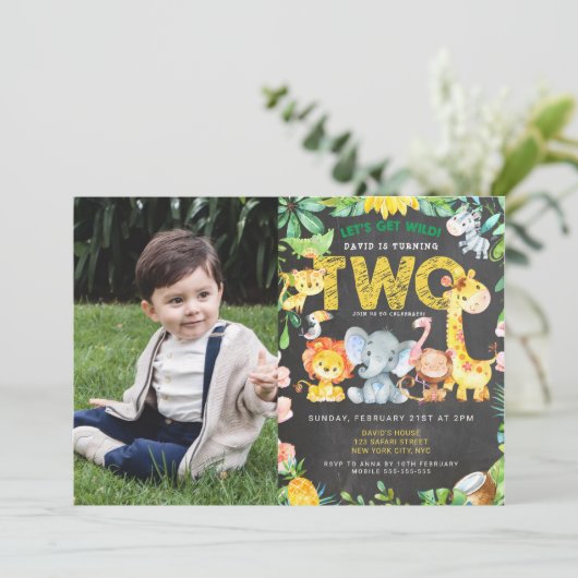 2e Verjaardag Oerwoud Party Safari Dieren Foto Kaart (Staand voorkant)
