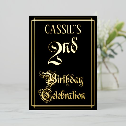 2e verjaardag Partij - Fancy Manuscript & Naam van Folie Uitnodiging (Staand Voorkant)