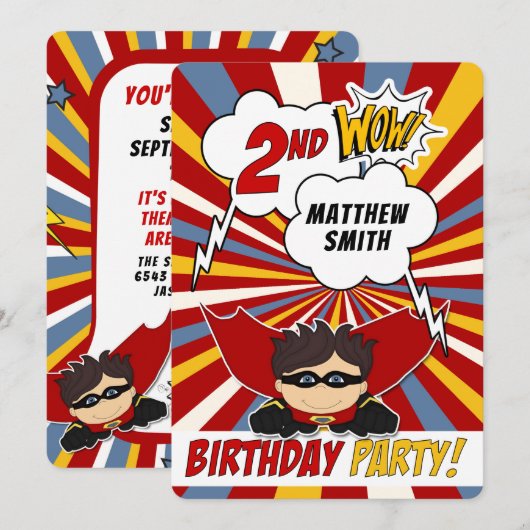 2e verjaardag Party Superhero Red Comic voor jonge Kaart (Voorkant / Achterkant)