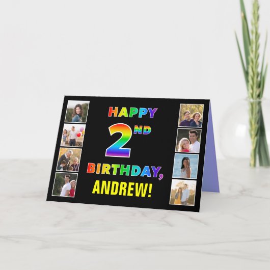 2e verjaardag: regenboogtekst, aangepaste foto's & kaart (Voorkant)