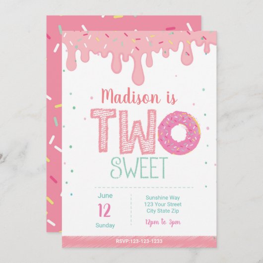 2e verjaardag roze donut uitnodiging (Voorkant / Achterkant)