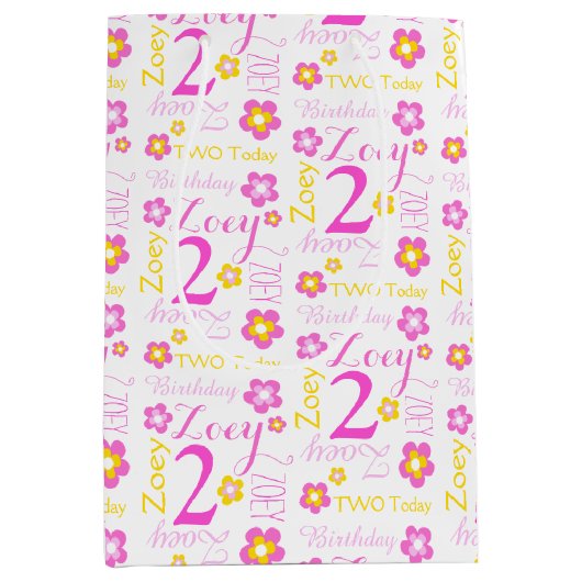 2e Verjaardag roze geel aangepaste naam cadeau tas Medium Cadeauzakje (Voorkant)