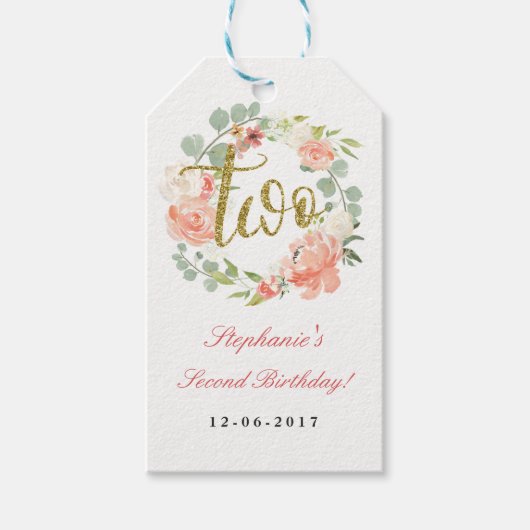 2e Verjaardag Roze Gouden Bloemen Krans Labels Cadeaulabel (Voorkant)