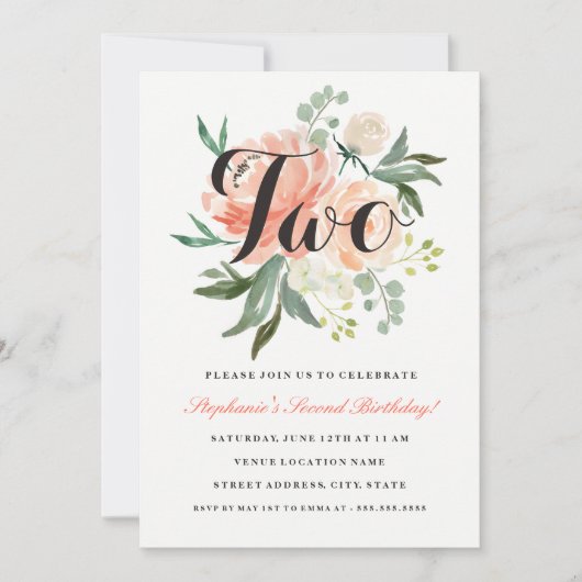 2e Verjaardag Roze Perzik Bloemen Twee Uitnodiging (Voorkant)