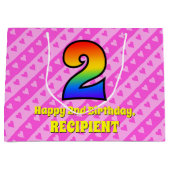 2e verjaardag: Roze strips & harten, regenboognr. Groot Cadeauzakje (Voorkant)