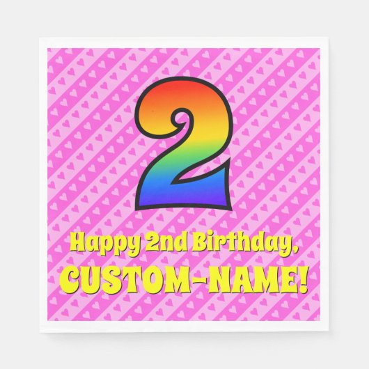 2e verjaardag: Roze strips & harten, regenboognr. Servet (Voorkant)