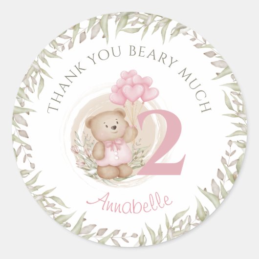 2e verjaardag roze teddybeer dank u Stickers (Voorkant)