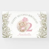 2e Verjaardag Schattige Teddy Bear Groen Roze Bann Spandoek (Horizontaal)