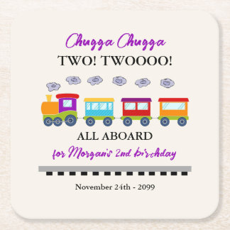 2e verjaardag Schattigee kleurrijke trein Vierkante Kartonnen Onderzetter