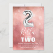 2e verjaardag Silver Balloon | Meisroze Partij Kaart (Voorkant)