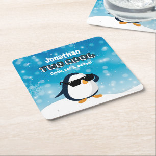 2e verjaardag Twee Coole Pinguïn Jongen Vierkante Kartonnen Onderzetter