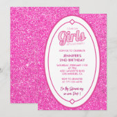 2e verjaardag uitnodiging Retro roze glitter (Voorkant / Achterkant)