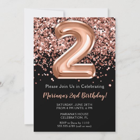 2e verjaardag Uitnodiging zwart Roos Gold Glitter (Voorkant)