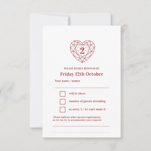 2e verjaardag van het garnethartantwoord RSVP Kaartje (Voorkant)