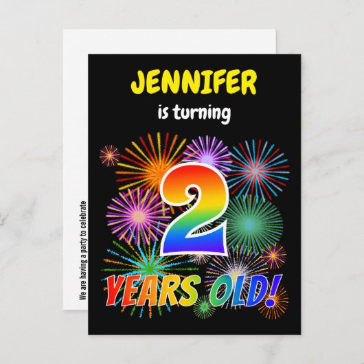 2e verjaardag - vuurwerk, regenboogblik "2" briefkaart (Voorkant / Achterkant)