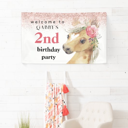 2e verjaardag Waterverf roze Pony Spandoek (Insitu)