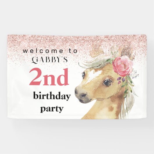 2e verjaardag Waterverf roze Pony Spandoek (Horizontaal)