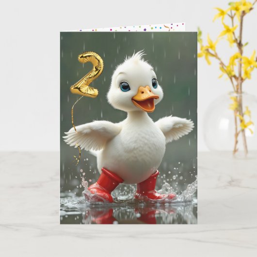 2e verjaardag White Duckling In A Rain Puddle Kaart (Gele Bloem)