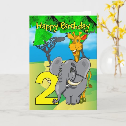 2ème Carte d'anniversaire - éléphant, girafe, (Fleur jaune)