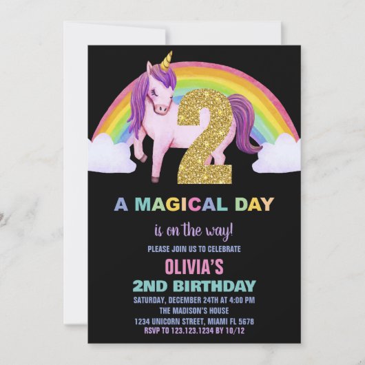 2ème Rainbow Unicorn Birthday Invitations Parties (Devant)