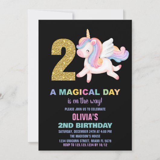 2ème Rainbow Unicorn Invitations Anniversaire Noir (Devant)
