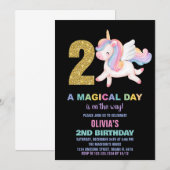 2ème Rainbow Unicorn Invitations Anniversaire Noir (Devant / Derrière)