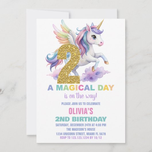 2ème Rainbow Unicorn Invitations Anniversaire Vol (Devant)