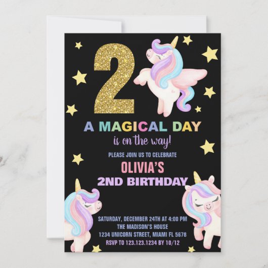 2ème Rainbow Unicorn Invitations Anniversaire Vol (Devant)