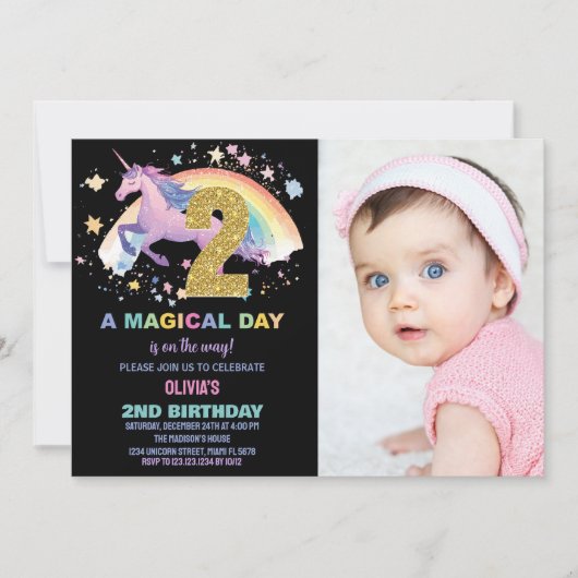 2ème Unicorn Invitations d'anniversaire avec photo (Devant)