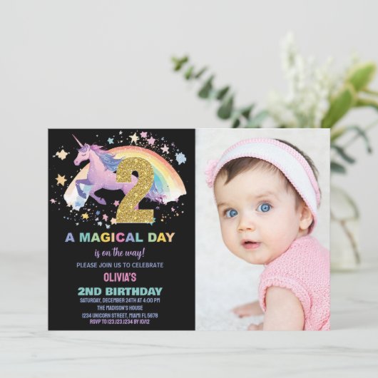 2ème Unicorn Invitations d'anniversaire avec photo (Debout devant)