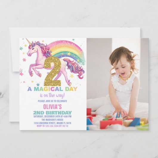 2ème Unicorn Invitations d'anniversaire avec photo (Devant)