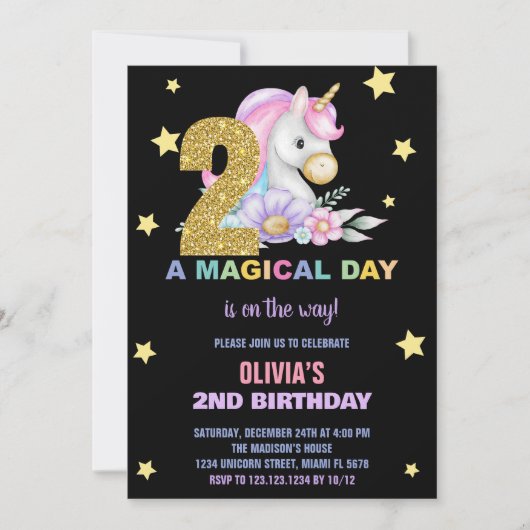 2ème Unicorne Florale Invitations Anniversaires (Devant)
