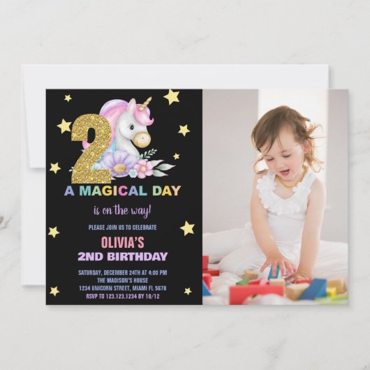 2ème Unicorne Florale Invitations d'anniversaire a (Devant)
