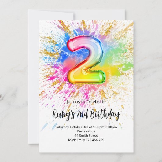 2nd Birthday Rainbow Paint Splash Invitation (Devant)