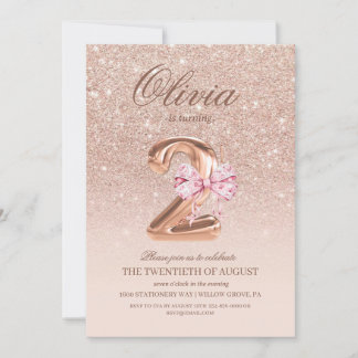 2nd Birthday Rose Pink Gold  Bow Birthday Party  Kaart