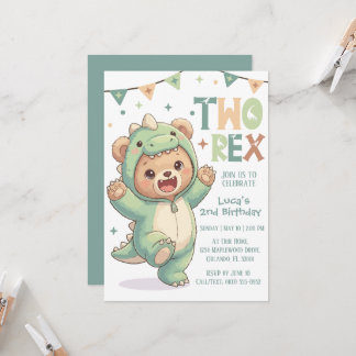 2nd Dino Birthday Party | Cute Teddy Bear Dinosaur Kaart