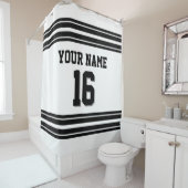2x strepes zwarte tekst douchegordijn (In situ)