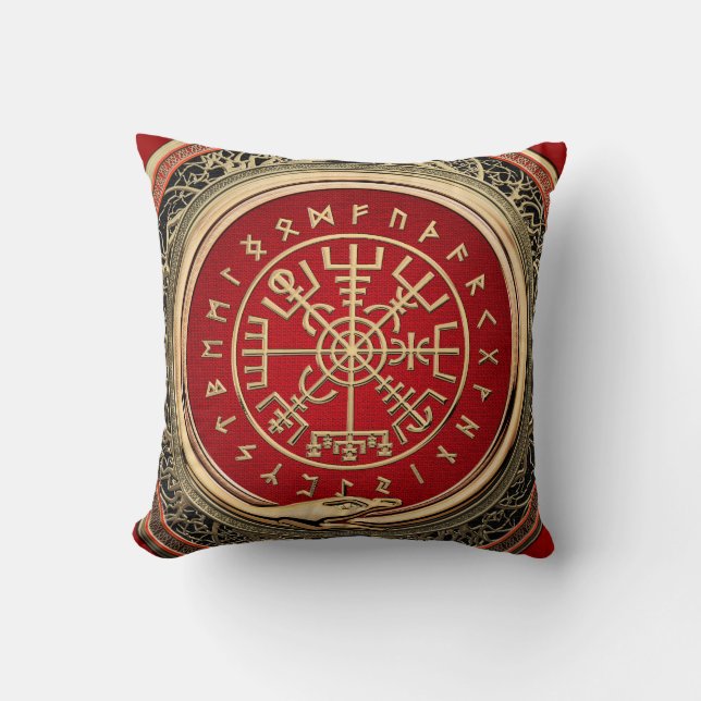 [300] Vegvisir - Viking Gold Magic Runass Kussen (Voorkant)