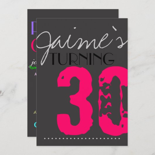 30 Birthday Party Invitation Neon en grijs Kaart (Voorkant / Achterkant)