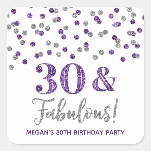 30 & Fabulous Birthday Paars Silver Vierkante Sticker (Voorkant)