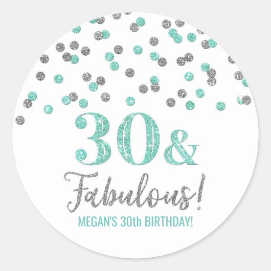 30 & Fabulous Birthday Turquoise Silver Confetti Ronde Sticker (Voorkant)