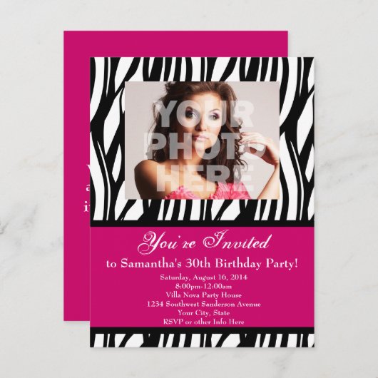 30 Invitations Personnalisées Pink Zebra Swirl (Devant / Derrière)