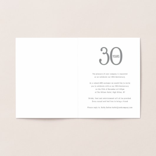 30 jaar zakelijke verjaardagsfeestuitnodigingen folie kaarten (Binnen)