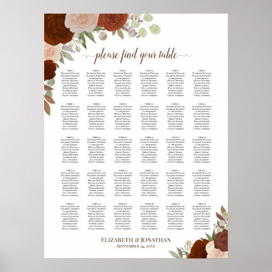 30 Tafel Rustic Herfst Rozen Wedding Seating Chart Poster (Voorkant)