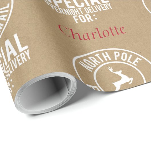 30 "x15" Kraft Rood & Wit Naam van de Kerstman Cadeaupapier (Rol Hoek)