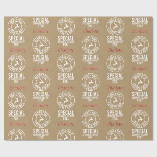 30 "x15" Kraft Rood & Wit Naam van de Kerstman Cadeaupapier (Vlak)